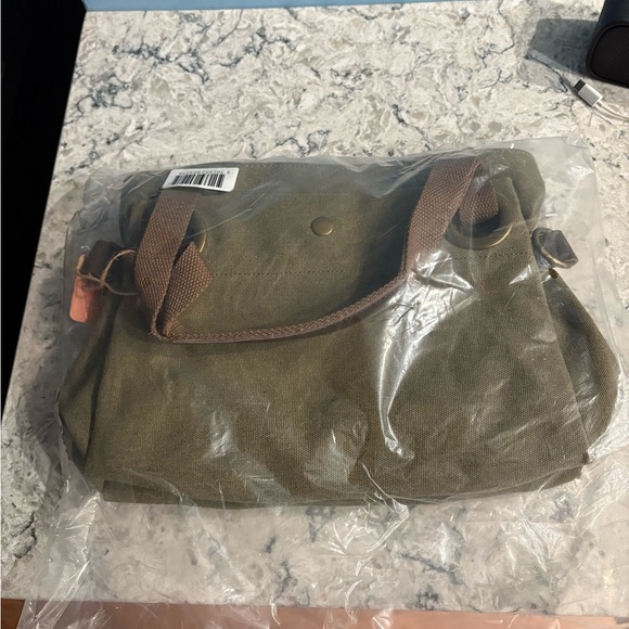 Olive Canvas Shoulder Bag with Brown Straps - Picture 7 of 7